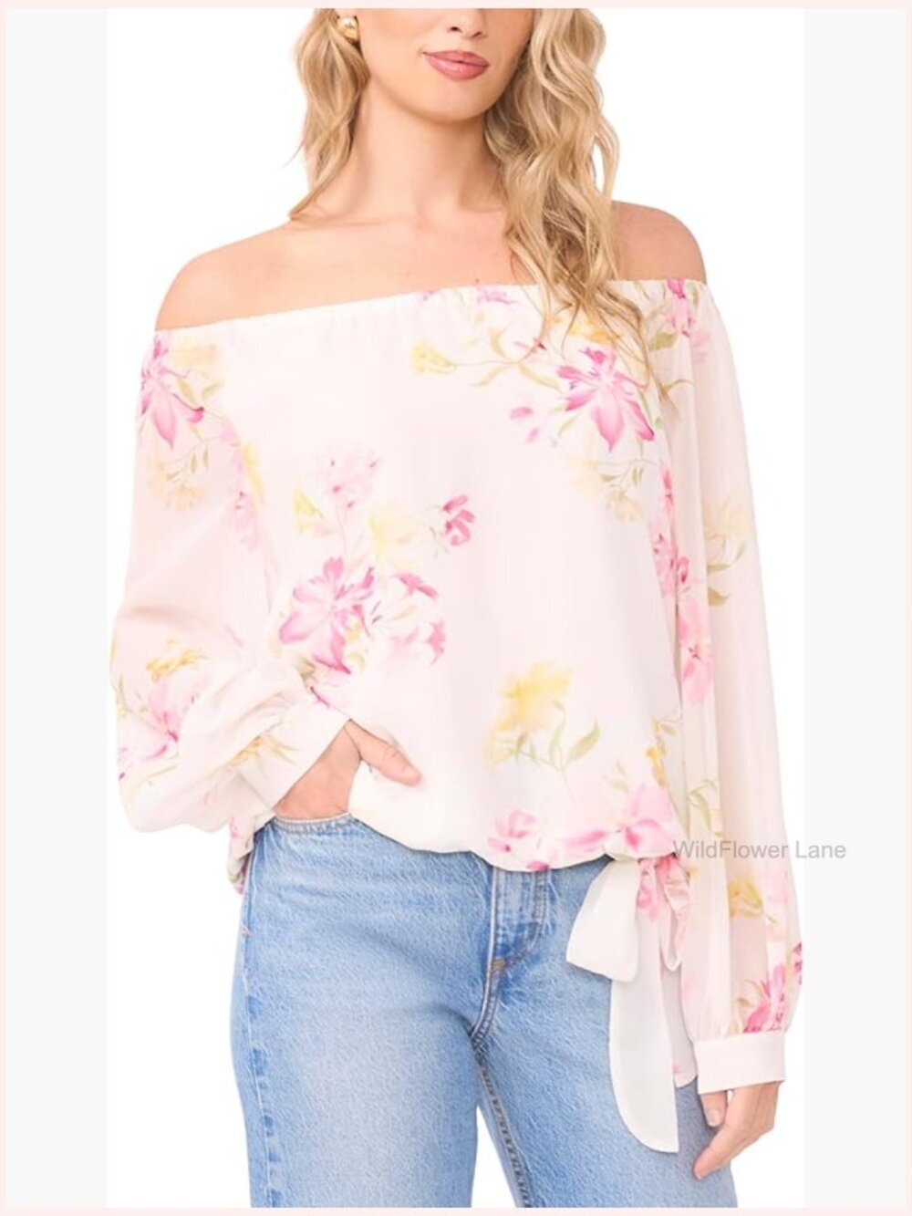 Off Shoulder Long Sleeve Blouse with Tie Waist